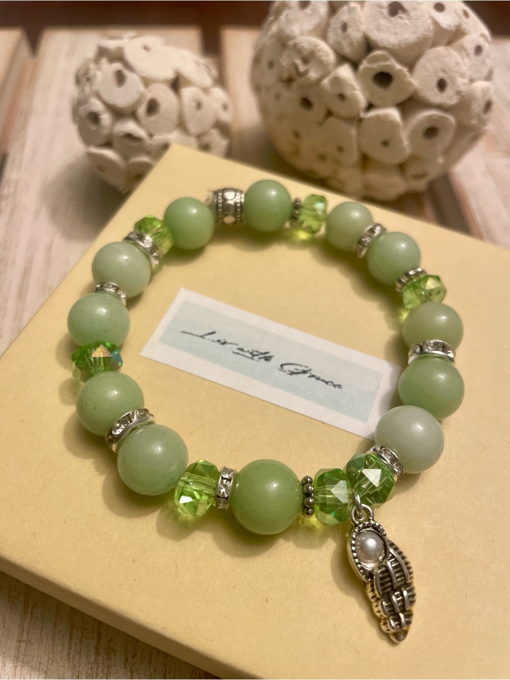 Green Amazonite and Silver Bracelet Shell Charm 10mm handmade beaded bracelet - Picture 3 of 5
